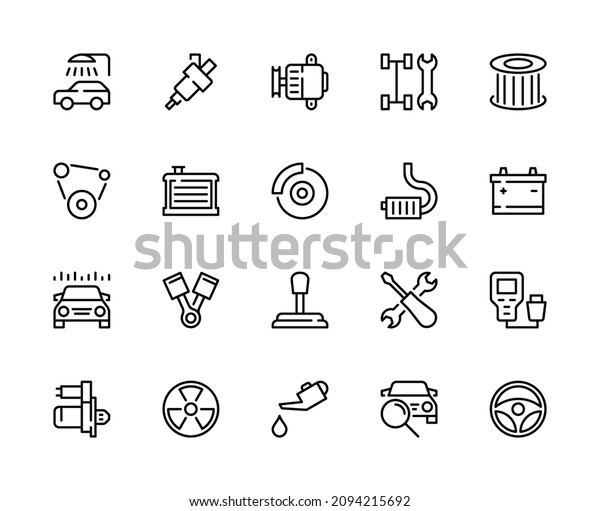 Car service linear vector icons set. Service\
station. Radiator, battery, piston, generator, car wash, filter,\
oil, injector, brake pads, chassis and much more. Car service icons\
collection.