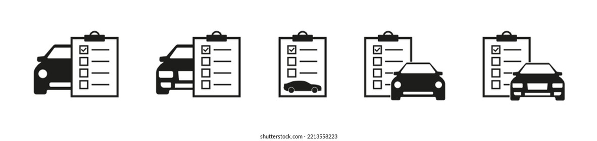 Icono vectorial de la lista de servicios de automóvil. Coche con lista de cheques. Ilustración vectorial.