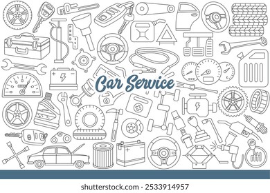 Car service logo among mechanic tools and items from automobiles repair shop. Car service background with oils and wheels from vehicle, or equipment for refueling and battery charging. Hand drawn.