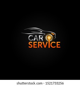 Car service logo - automobile repair service modern creative emblem with  drawn abstract auto silhouette and hand tool wrench on dark background