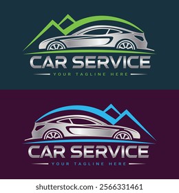 Car service logo, automotive repair emblem with mountain and car sale logo vector