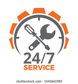 Car service logo design template with 24h, gear, screwdriver and wrench. Repair, maintenance, assistance, spare parts services. isolated vector illustration