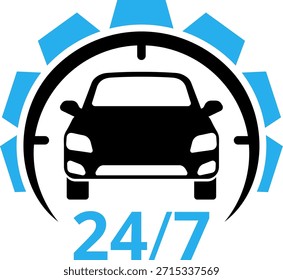 Logotipo del servicio del coche Plantilla del diseño del logotipo del servicio del coche con 24h, engranaje, automóvil. Servicios de reparación, mantenimiento, asistencia, repuestos. Ilustración vectorial aislada