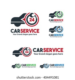 Car Service Logo, Car fix with Wrench and 24 hour symbol