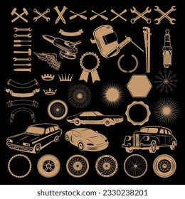 Car service logo generator. Set of design elements for car service, car wash, auto parts store, car rental, vintage cars store. Vector design elements isolated on black background..