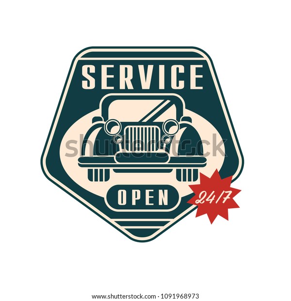 Car service logo, open\
24 7, auto repair vintage label vector Illustration on a white\
background
