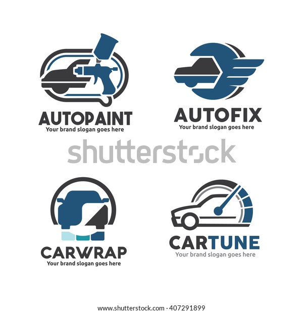 Car Service Logo set\
including Body Paint, Sticker Wrap, Engine Performance Upgrade and\
Repair.