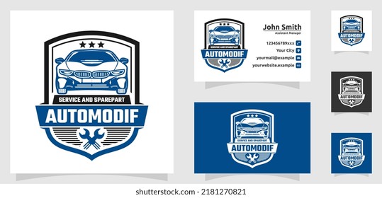 Car Service Logo Template, Automotive Repair, Car Silhouette With Badge Ribbon, Auto Modification