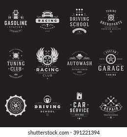 Car Service Logos Templates Set. Vector object and Icons for Garage Labels, Car Badges, Repairs Logos Design, Emblems Graphics. Whel Silhouettes, Piston Symbols.