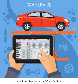 Car Service and Maintenance Concept with flat Icon lift and car. Mechanic holding tablet PC in hand, and makes diagnostics vector illustration.