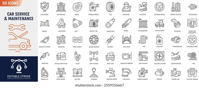 Car Service and Maintenance Editable Line Icon set. Containing Auto service, car repair, car service, maintenance and garage icon. Vector Illustration