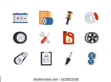 Car service maintenance icon set. Auto repair. Automobile parts shop. Automotive service symbols. Vector illustratio in flat style. Isolated on white background.