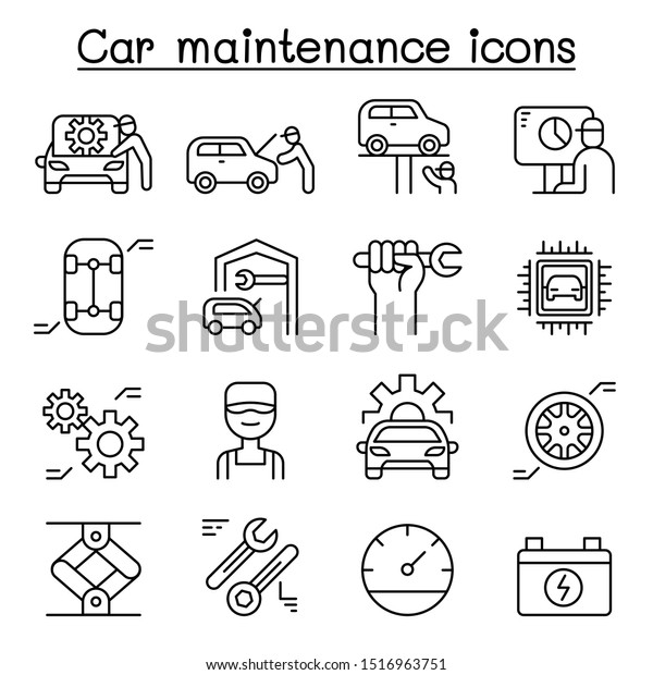 Car service & maintenance icon set in thin\
line style