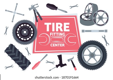 car service maintenance icons set tire fitting service concept horizontal vector illustration