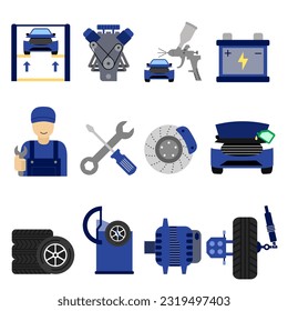 Car service and maintenance icons set. Car repairment vector illustration. Hydraulic lift, engine, mechanic, paint service, disc brake, wheel alignment and oil replacement