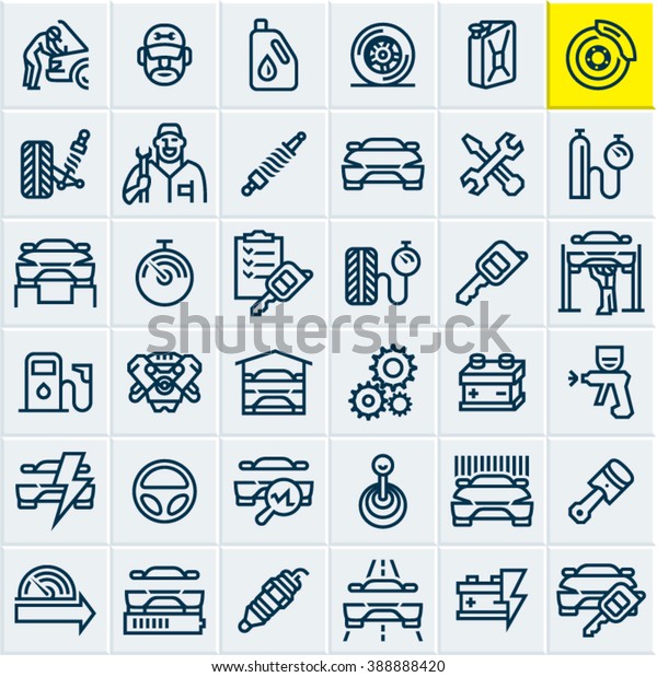 Car service maintenance\
icons set, car vector line icons, mechanic, garage, auto parts, car\
repair