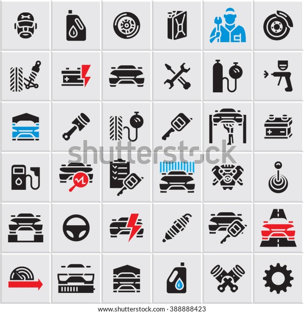Car service maintenance icons set,\
car vector icons, mechanic, garage, auto parts, car\
repair