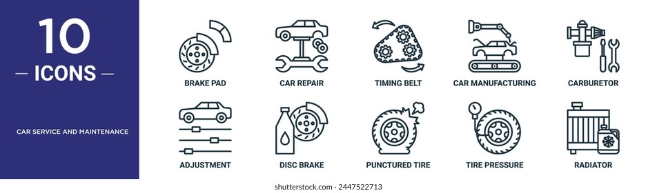 el conjunto de iconos de contorno de servicio y mantenimiento para automóviles incluye una pastilla de freno de línea fina, reparación de automóviles, correa de distribución, fabricación de automóviles, carburador, ajuste, iconos de freno de disco para informe, presentación, diagrama, Web