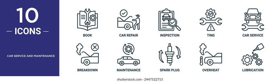 car service and maintenance outline icon set includes thin line book, car repair, inspection, ting, car service, breakdown, maintenance icons for report, presentation, diagram, web design