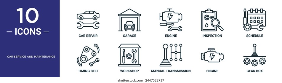 car service and maintenance outline icon set includes thin line car repair, garage, engine, inspection, schedule, timing belt, workshop icons for report, presentation, diagram, web design