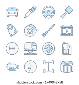 Car Service and Maintenance related blue line colored icons. Car repair and Car parts icon set.