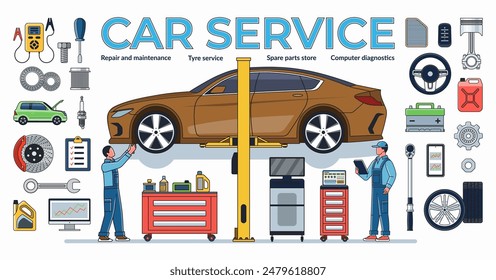 Car service, maintenance and repair concept illustration. A team of auto mechanics checks and maintains a car on a lift in a service workshop. Vector illustration with the set of auto service icons.
