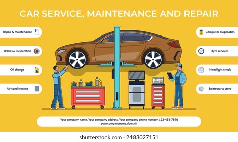 Car service, maintenance and repair concept illustration. A team of auto mechanics checks and maintains a car on a lift in a service workshop. Vector illustration with the set of auto service icons.