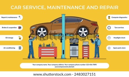 Car service, maintenance and repair concept illustration. A team of auto mechanics checks and maintains a car on a lift in a service workshop. Vector illustration with the set of auto service icons.
