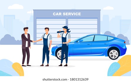 Car Service At A Maintenance Workshop With Owner Of A Vehicle Shaking Hands With Mechanics, Colored Vector Illustration