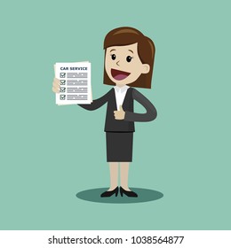 Car service manager is holding check list of diagnostics. Cartoon Vector Illustration