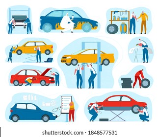 Car service, mechanic and auto maintenance repair, tire service set of vector illustrations. Automobile check up, repairman and engine, equipment. Car diagnostic professional garage.