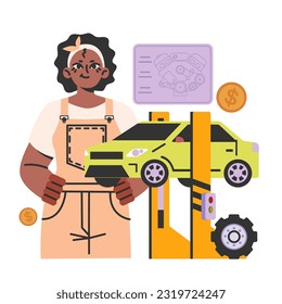 Car service mechanic. Black female character in uniform check and repair a vehicle. Professional auto diagnostic and maintenance. Flat vector illustration.