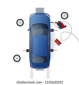 Car service. Mechanic changing a wheel. Car repair top view isolated in white background. Vector Illustration.