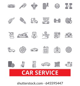 Car service, mechanic, engine, parts, wash, tires shop, engineer, auto center line icons. Editable strokes. Flat design vector illustration symbol concept. Linear signs isolated on white background
