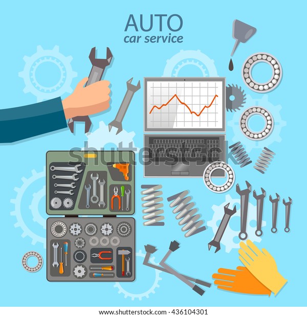 Car service mechanic tool box\
professional auto repair auto service center vector illustration\
