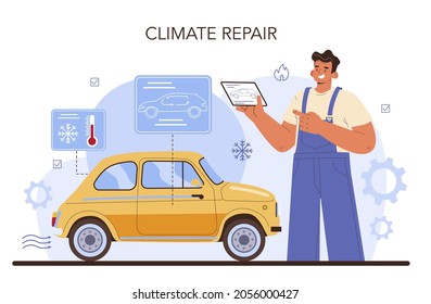 Car service. Mechanic in uniform check a climate vehicle systems and repair it. Car climate control full diagnostics. Flat vector illustration.