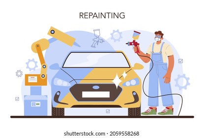 Car service. Mechanic in uniform paint a body of vehicle. Professional with equipment paint an automobile with a different color with spray-gun. Flat vector illustration