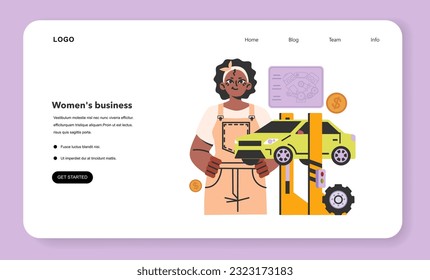 Car service mechanic web banner or landing page. Black female character in uniform check and repair a vehicle. Professional auto diagnostic and maintenance. Flat vector illustration.