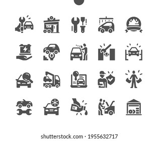 Car service. Mechanical work. Car wash, oil change, wheel alignment. Running gear diagnostics. Car repair. Vector Solid Icons. Simple Pictogram