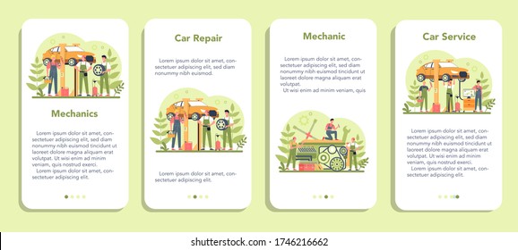 Banner-Set für mobile Anwendungen im Autodienst. Menschen reparieren Auto mit professionellem Werkzeug. Idee der automatischen Reparatur und Diagnose. Symbol für Rad und Öl, Motor und Kraftstoff. Einzelne flache Vektorgrafik