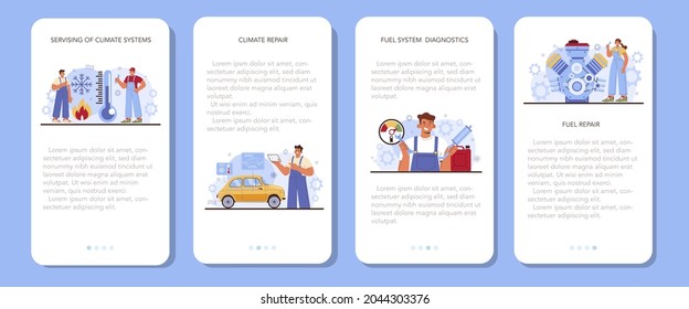 Car service mobile application banner set. Mechanic in uniform check a fuel and climate vehicle systems and repair it. Car full diagnostics. Flat vector illustration.
