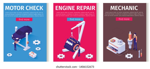 Car Service Mobile Oriented Set. Lettering Media Page with Isometric Masters Characters Working with Car and Engine Raised by Twin Post Lifts, Using Auto Tools and Equipment. Vector 3d Illustration