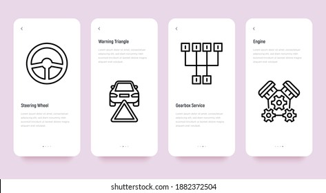 Car service mobile user interface with thin line icons: steering wheel, warning triangle, transmission, engine. Pixel perfect, editable stroke. Vector illustration.