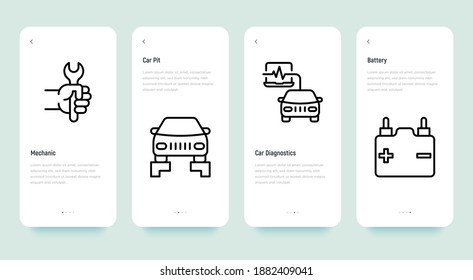 Car service mobile user interface with thin line icons: mechanic, car pit, computer diagnostics, battery. Pixel perfect, editable stroke. Vector illustration, template with copy space.