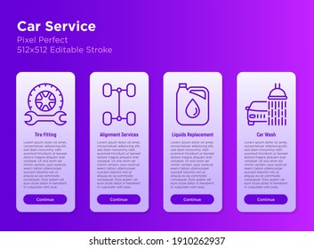Car service mobile user interface with thin line icons: car alignment, liquids replacing, tire fitting, car wash. Pixel perfect, editable stroke. Vector illustration.