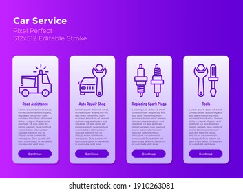 Car service mobile user interface with thin line icons: auto repair shop, road assistance, tools, replacing spark plugs. Pixel perfect, editable stroke. Vector illustration.