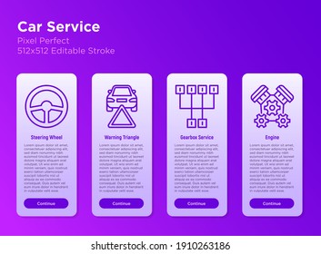 Car service mobile user interface with thin line icons: steering wheel, warning triangle, transmission, engine. Pixel perfect, editable stroke. Vector illustration.