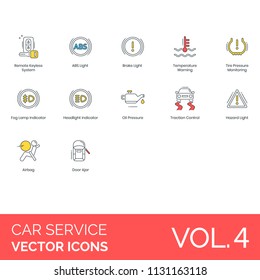 Car service modern icon set. Remote keyless system, abs light, brake, temperature warning, tire pressure monitoring, fog lamp, headlight indicator, oil pressure, traction control, hazard, airbag.