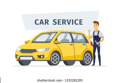 Car service - modern vector cartoon character illustration isolated on white background with a sign. High quality composition with a young male worker with screw key standing next to a yellow vehicle