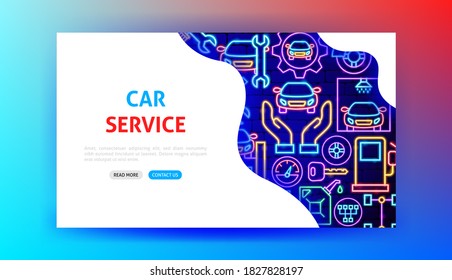 Car Service Neon Landing Page. Vector Illustration of Auto Promotion.